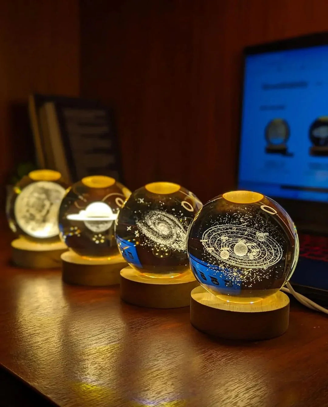 3D Galaxy Crystal Solar Sphere Ball Light Lamp with Wooden Base