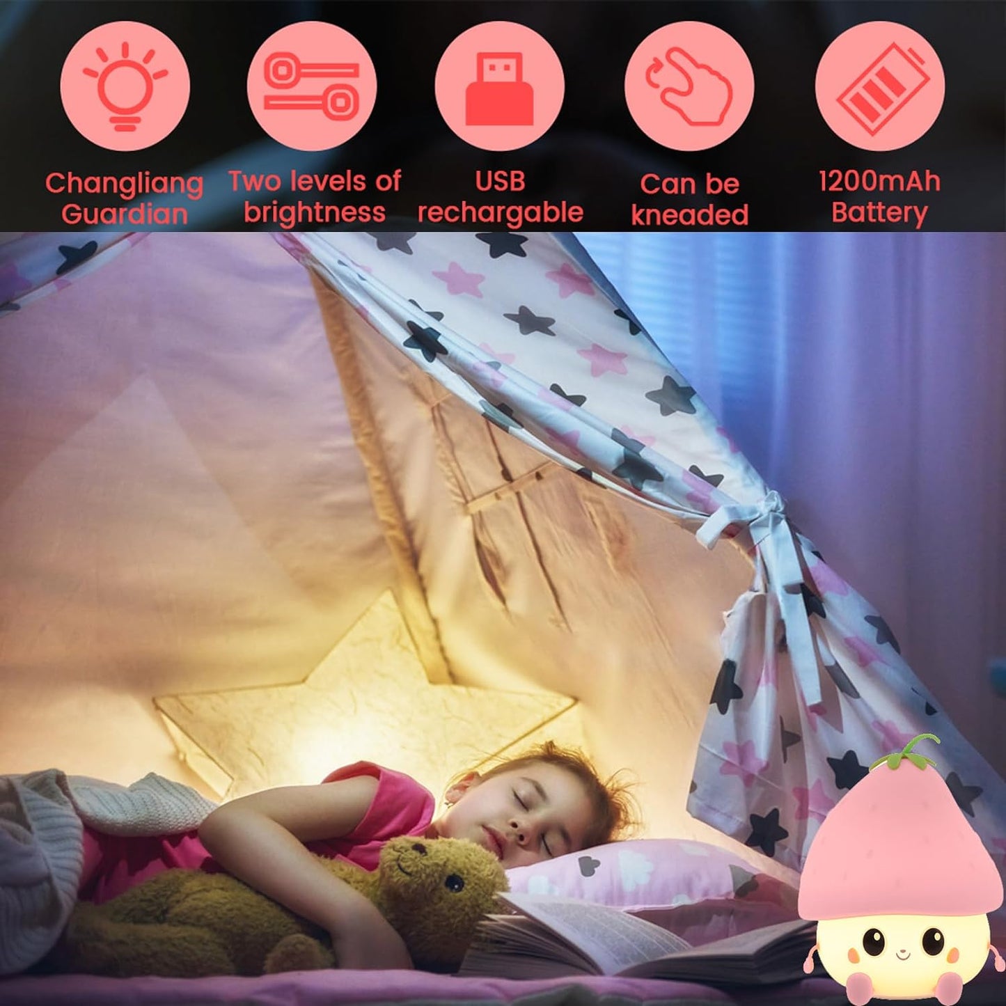 Strawberry Rechargeable Silicone Night Lamp - Cute LED Strawberry Lamp, Kids Night Light, Nursery Decor, Birthday Gift, Silicone LED Light