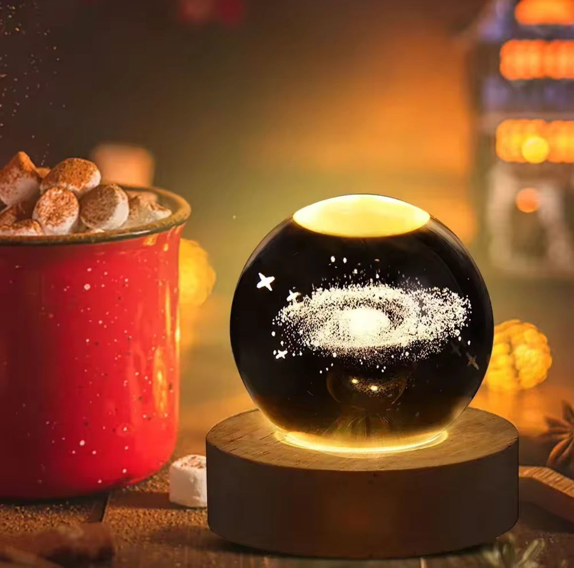 3D Galaxy Crystal Solar Sphere Ball Light Lamp with Wooden Base