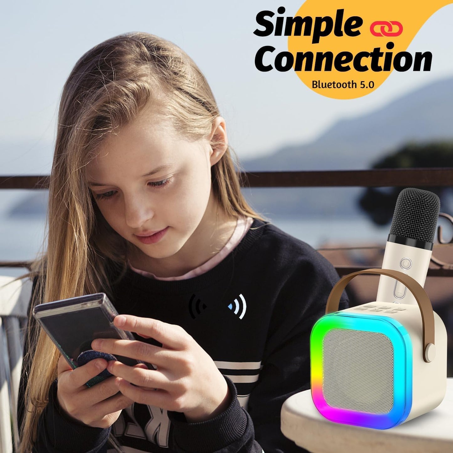 Mini Karaoke Machine with Wireless Mic for Kids | Portable Bluetooth, USB Connectivity Speaker with LED Lights & Music