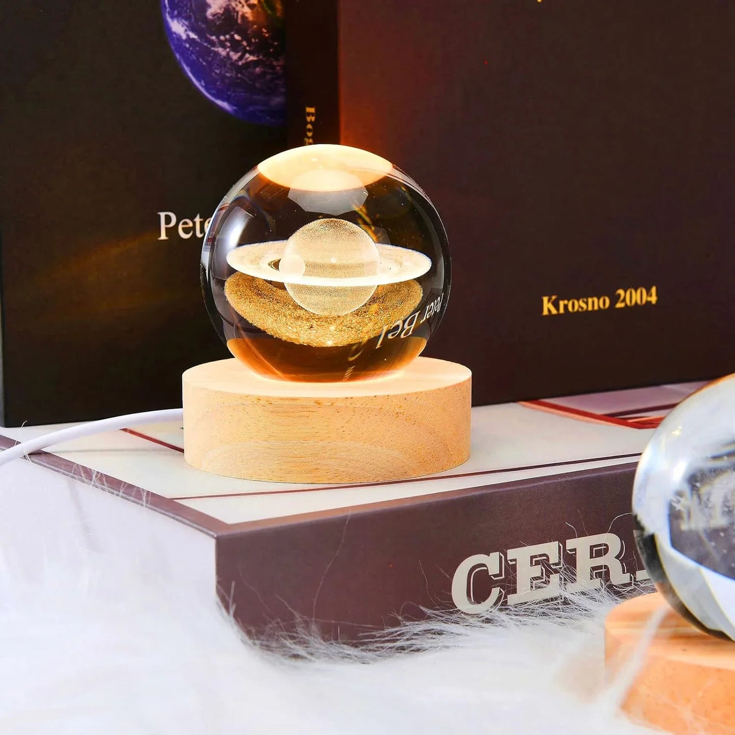 3D Galaxy Crystal Solar Sphere Ball Light Lamp with Wooden Base