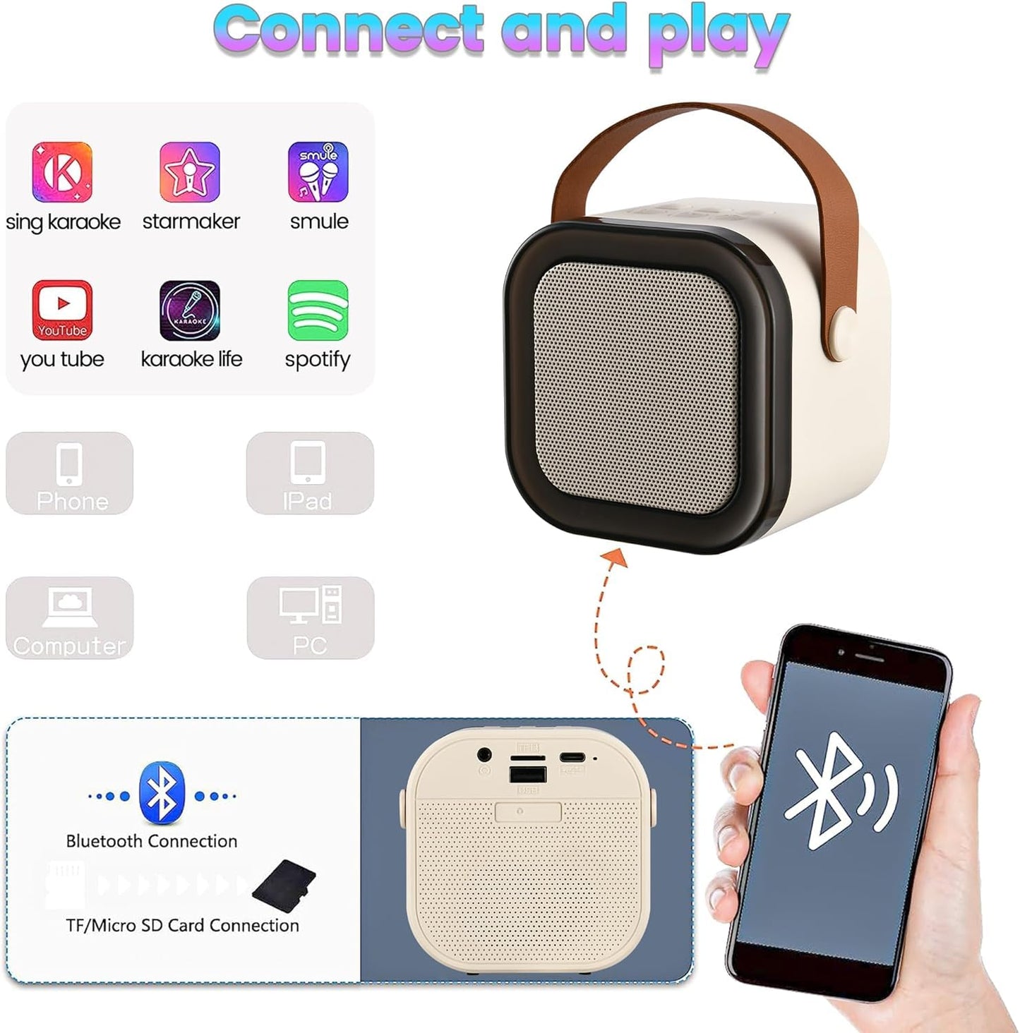 Mini Karaoke Machine with Wireless Mic for Kids | Portable Bluetooth, USB Connectivity Speaker with LED Lights & Music