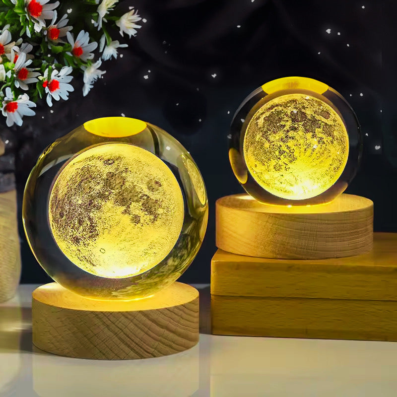 3D Galaxy Crystal Solar Sphere Ball Light Lamp with Wooden Base