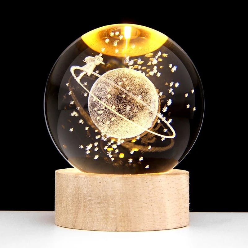 3D Galaxy Crystal Solar Sphere Ball Light Lamp with Wooden Base