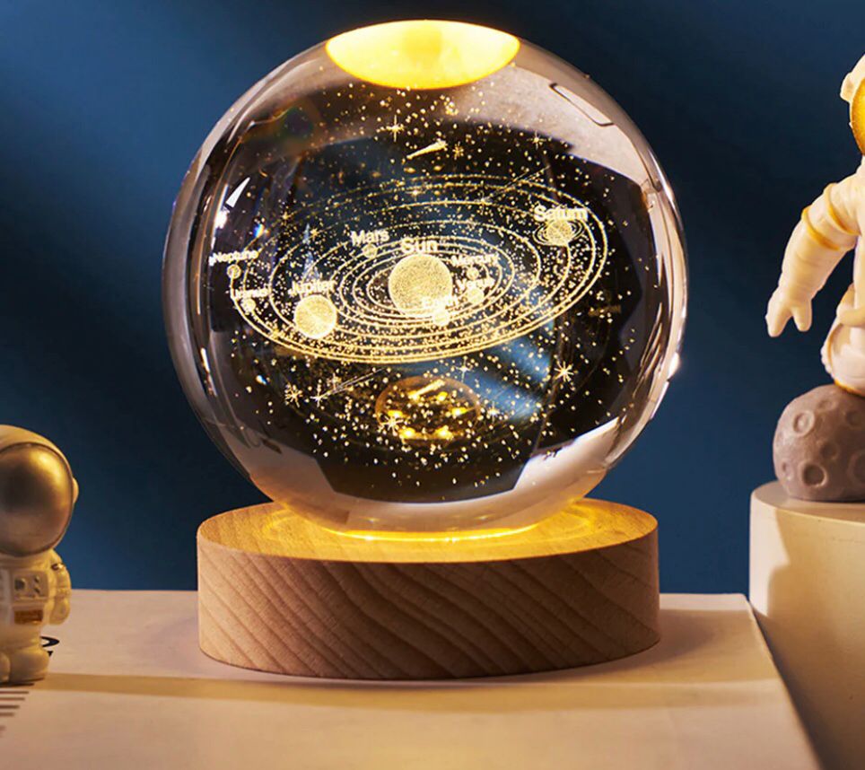 3D Galaxy Crystal Solar Sphere Ball Light Lamp with Wooden Base