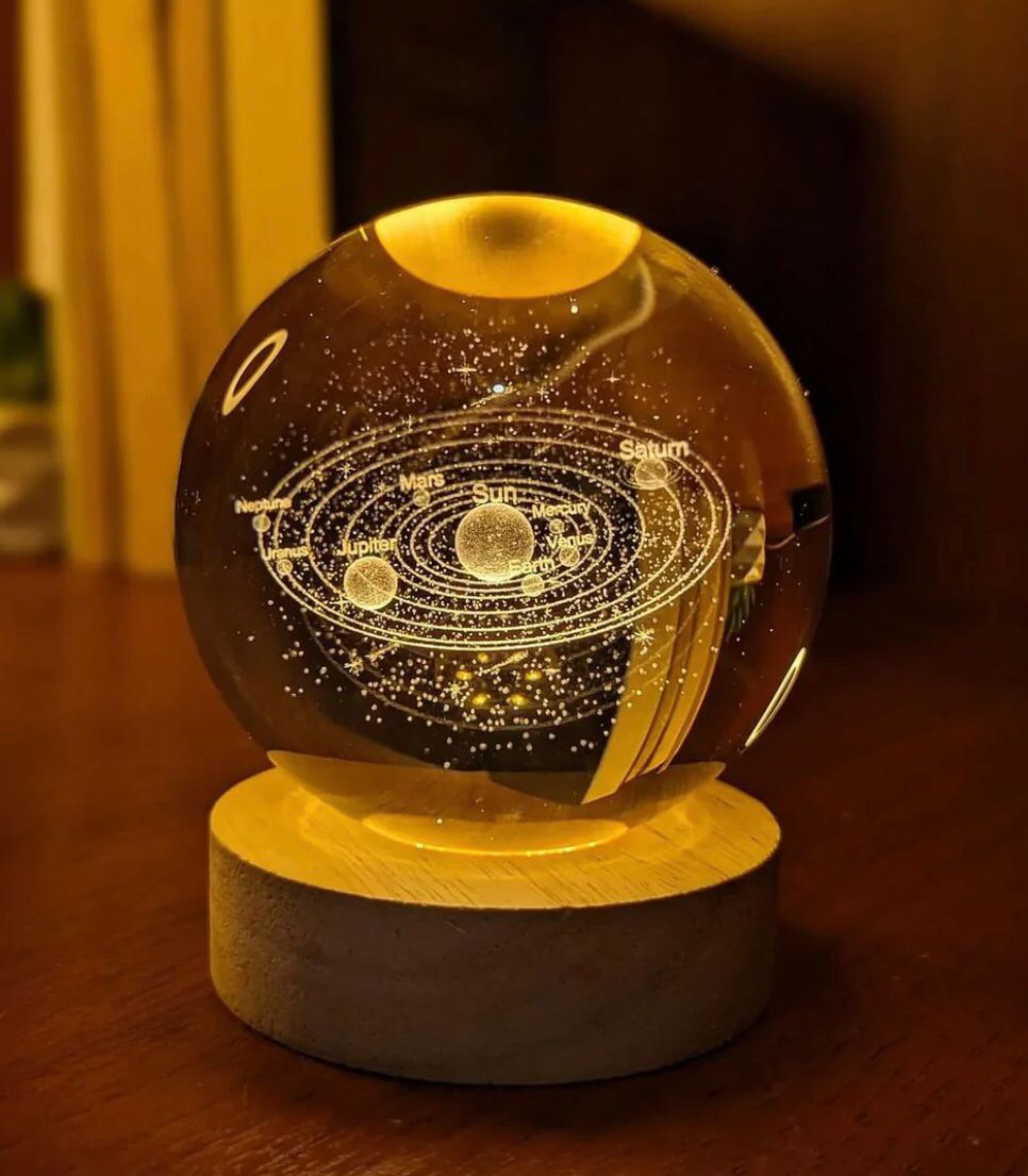 3D Galaxy Crystal Solar Sphere Ball Light Lamp with Wooden Base
