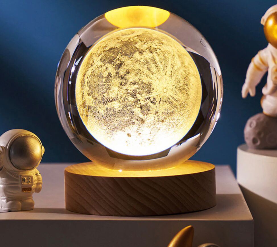 3D Galaxy Crystal Solar Sphere Ball Light Lamp with Wooden Base