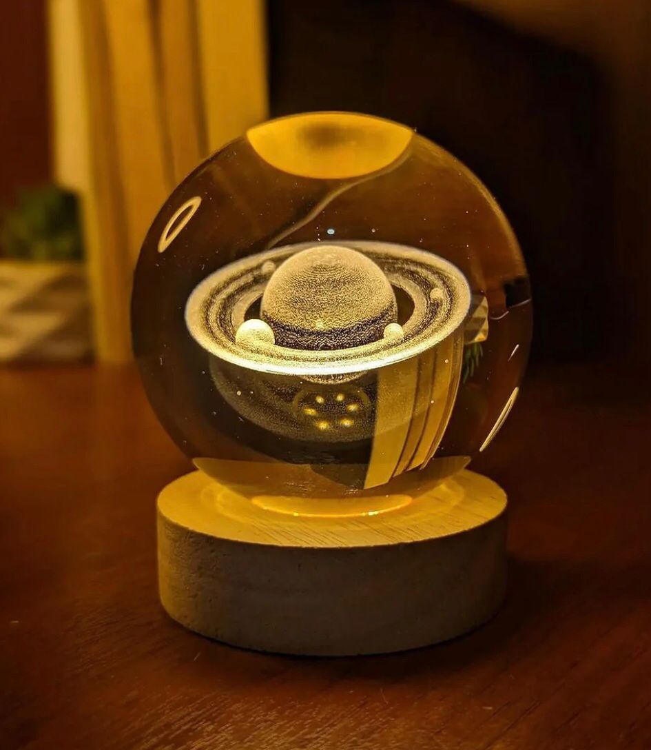 3D Galaxy Crystal Solar Sphere Ball Light Lamp with Wooden Base
