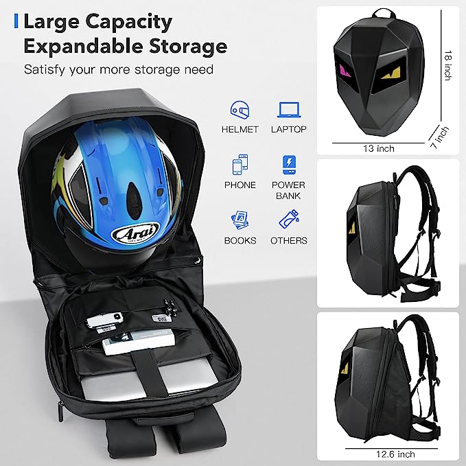 LED Hard Shell Backpack with APP Working, Waterproof Backpack with Programmable and Color Screen, Motorcycle Riding Backpack Travel Backpack Laptop Bag 5 ltrs (48 Cms)